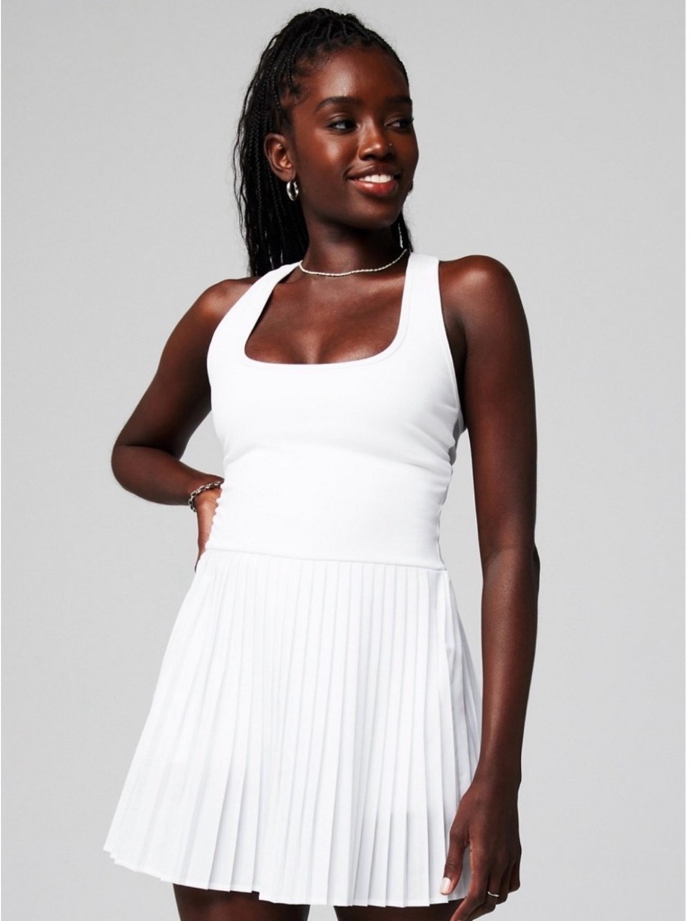 Fabletics Hot Shot White Pleated Tennis dress and Bra set
